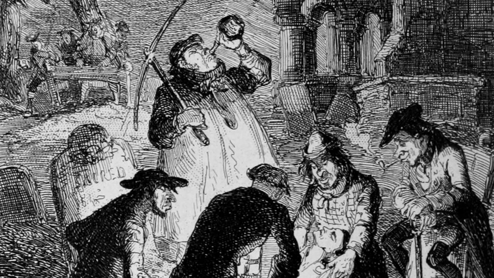 Illustration of resurrectionists at work, accompanying the story of John Holmes and Peter Williams, whipped for stealing dead bodies.