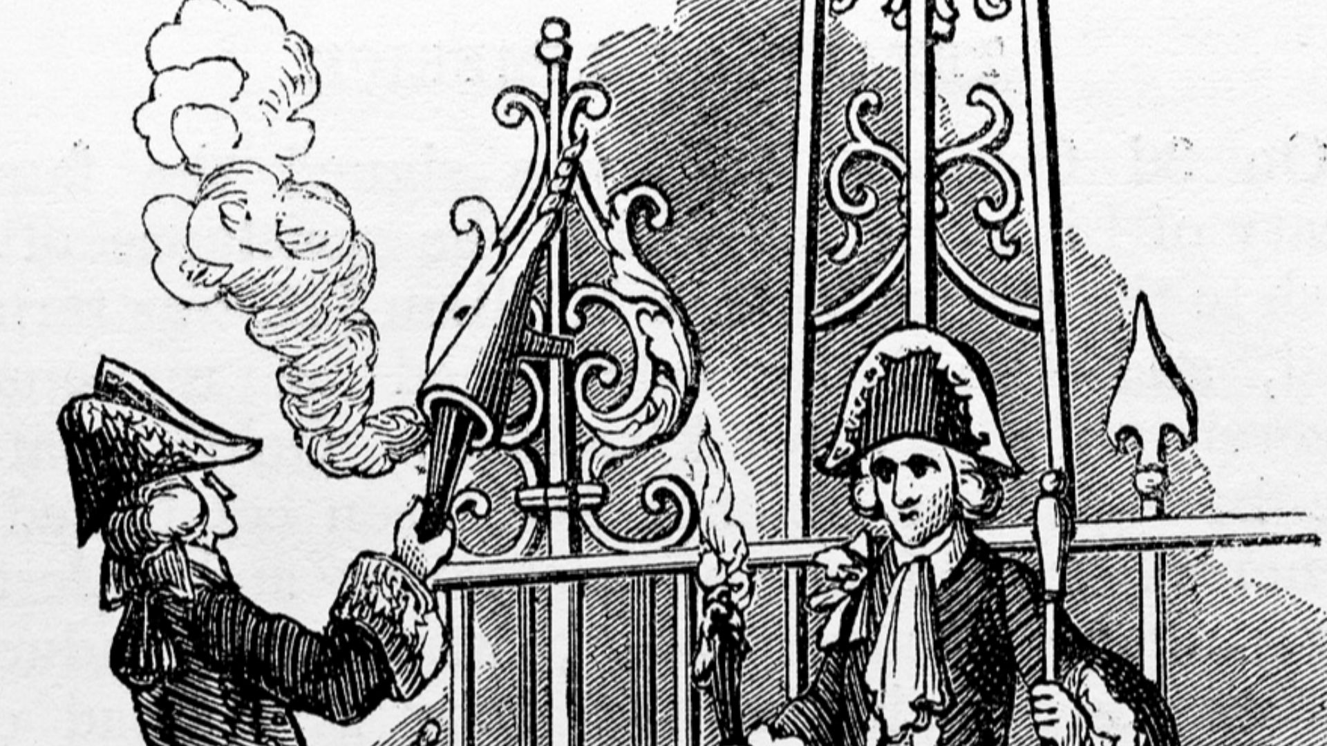 Engraving showing a link boy extinguishing his torch in a link extinguisher at a doorway in Grosvenor Square, London