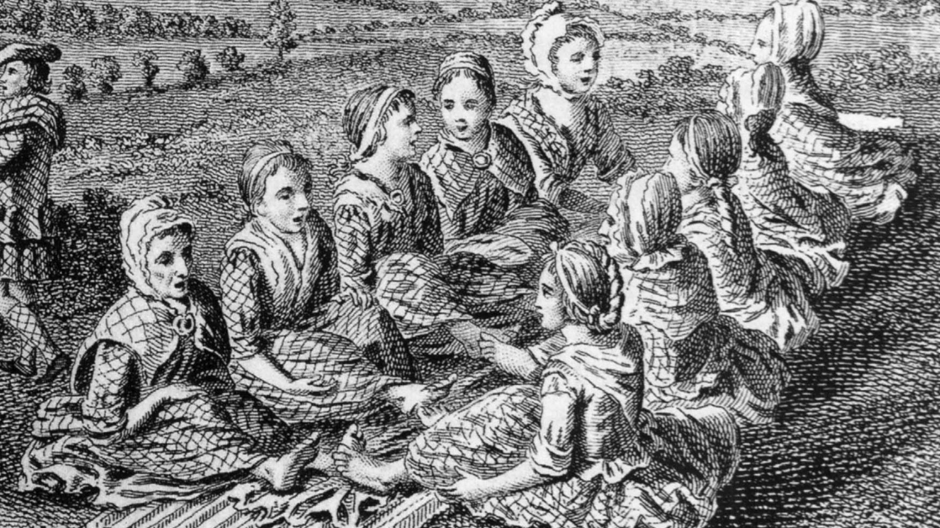Detail of an 18th century engraving of Scotswomen waulking (fulling) cloth, and singing.