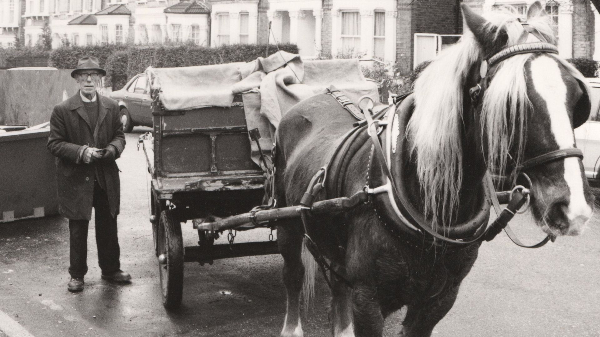 A rag-and-bone man with his horse and cart on the streets of Streatham, south-west London in 1985 (Tony Rees photograph)