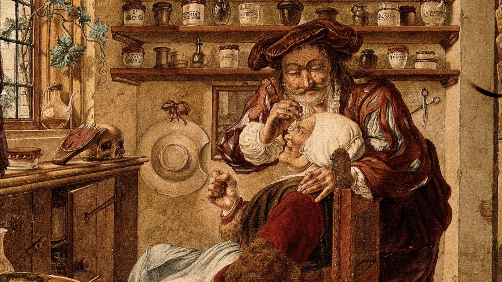 A barber-surgeon extracting stones from a woman's head; symbolising the expulsion of 'folly'(insanity). Watercolour by J. Cats, 1787, after B. Maton.

Iconographic Collections
Keywords: ic; Jacob Cats; Bartholomaeus Maton; barber-surgeon