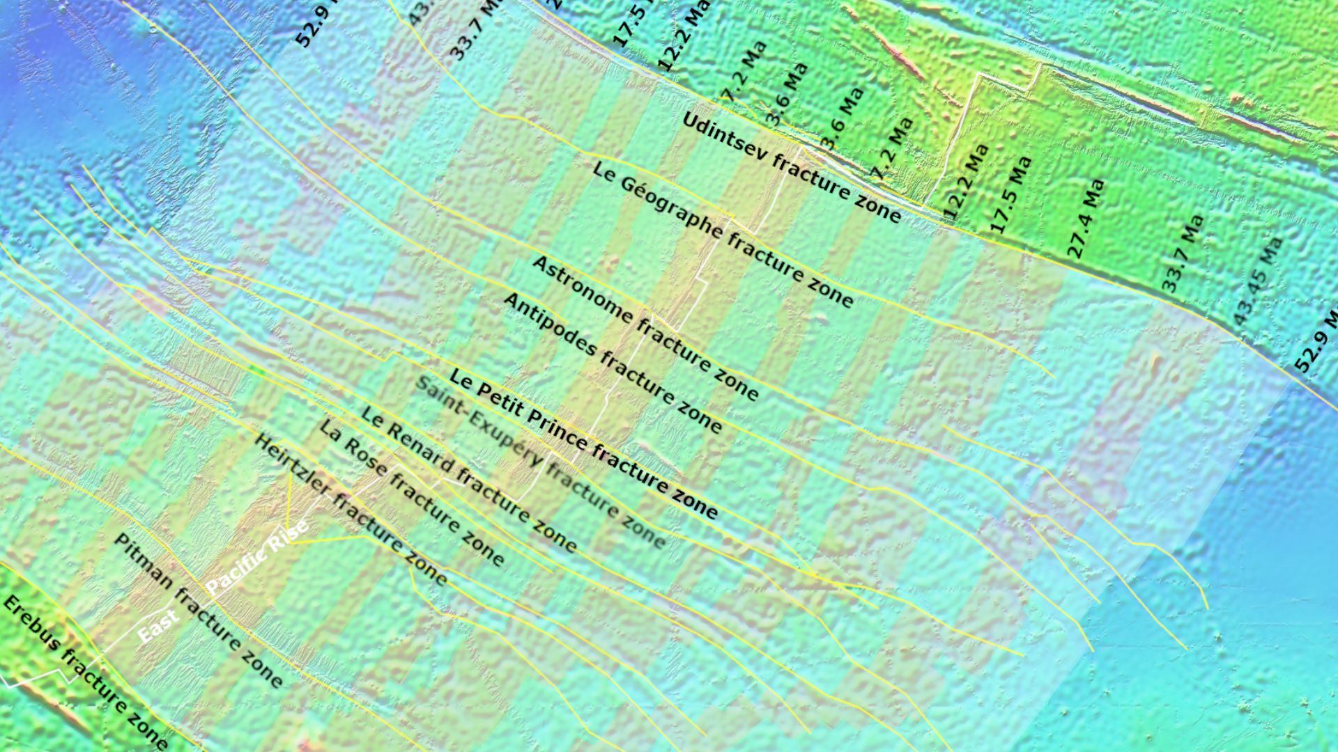 Bathymetric and magnetic mapping between Erebus and Udintsev fracture zones of East Pacific Rise. The magnetic and gravitational fracture zone mapping has been simplified from Plate 7 in Ondréas et al, 2003. Topographic map is, based on bathymetry data fr
