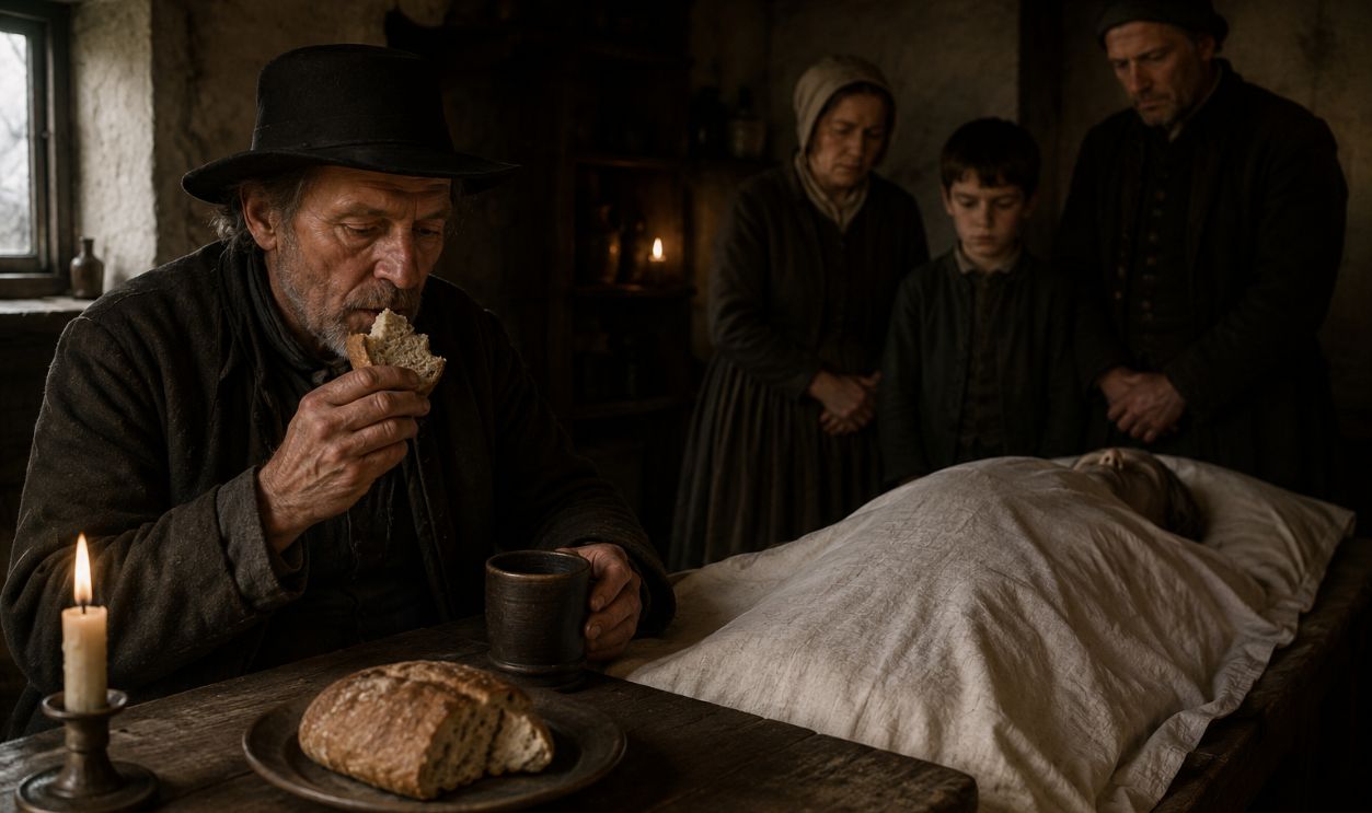 Somber meal by the deathbed