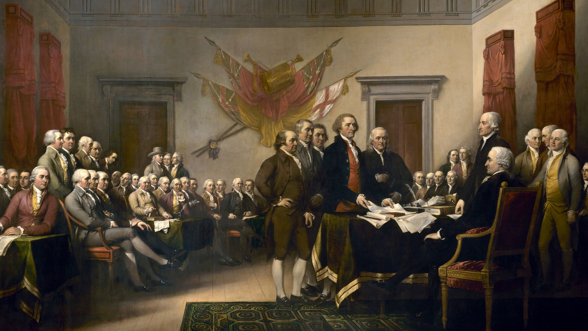 John Trumbull's painting, Declaration of Independence, depicting the five-man drafting committee of the Declaration of Independence presenting their work to the Congress. The painting can be found on the back of the U.S. $2 bill. The original hangs in the