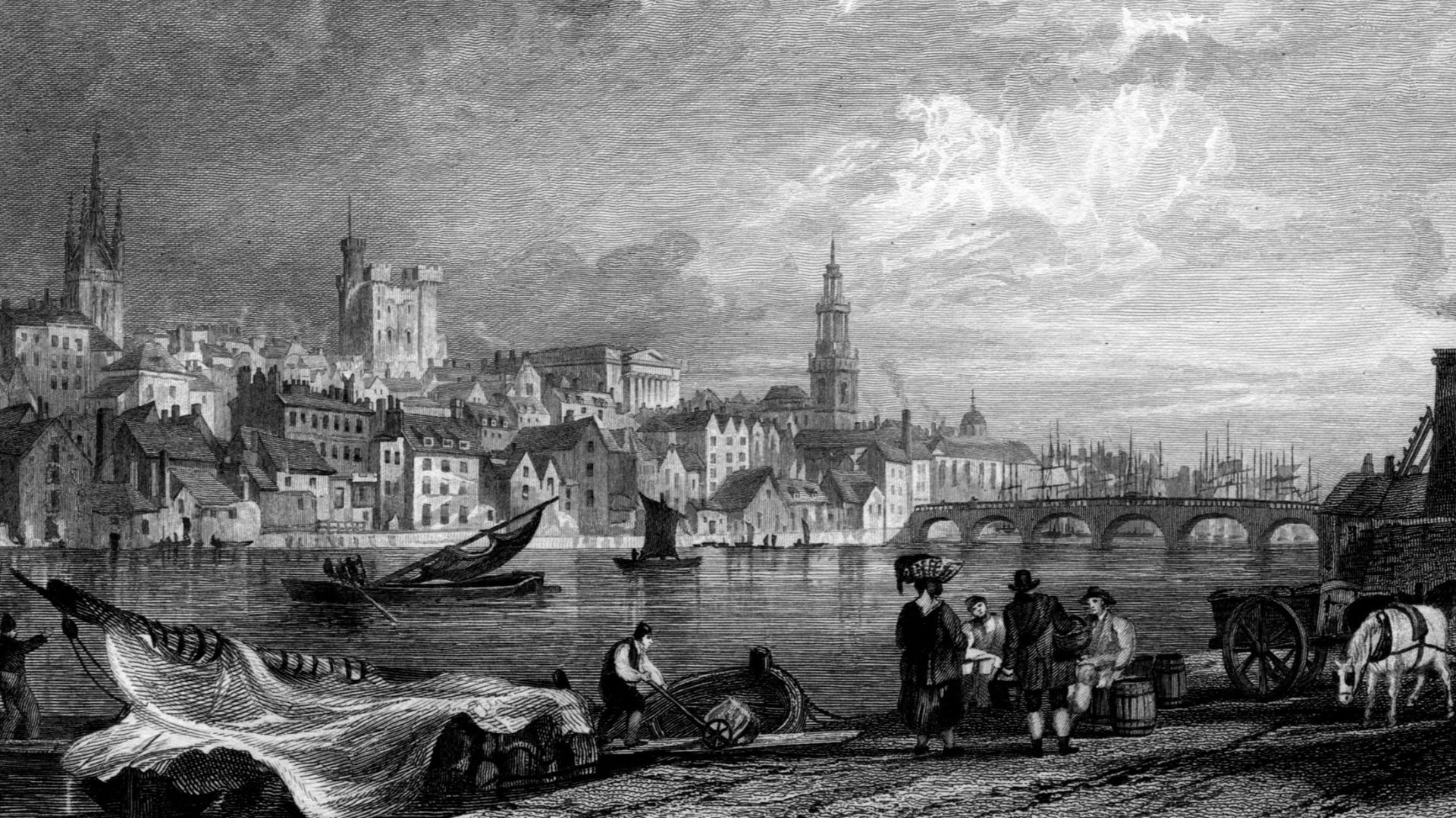 Newcastle-upon-Tyne from New Chatham engraving by William Miller after Thomas Allom, published in Westmoreland, Cumberland, Durham & Northumberland. Illustrated from original drawings by Thomas Allom etc. With historical & topographical descriptions by Th