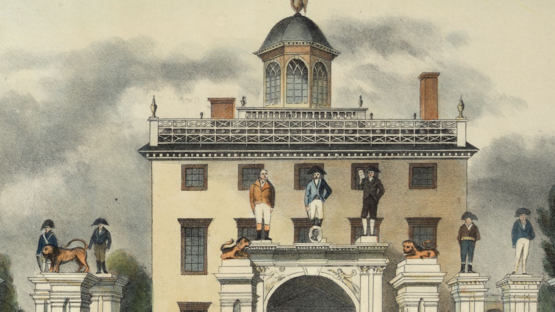 Title: A view of the mansion of the late Lord Timothy Dexter in High Street, Newburyport, 1810 / J.H. Bufford's lith.
Creator(s): J.H. Bufford's Lith.,
Date Created/Published: [Boston, 184-?]
Medium: 1 print : lithograph, hand colored.

Summary: View of m