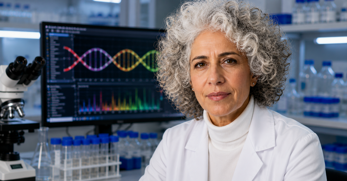 AI-generated image of woman with curly hair in white coat in laboratory