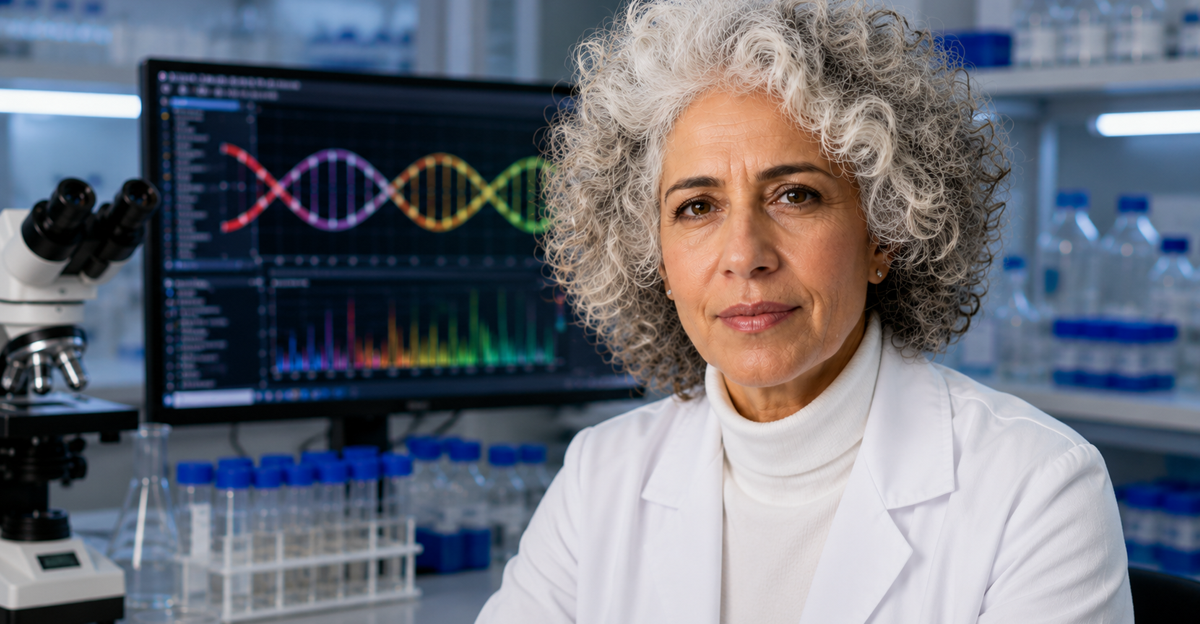 AI-generated image of woman with curly hair in white coat in laboratory