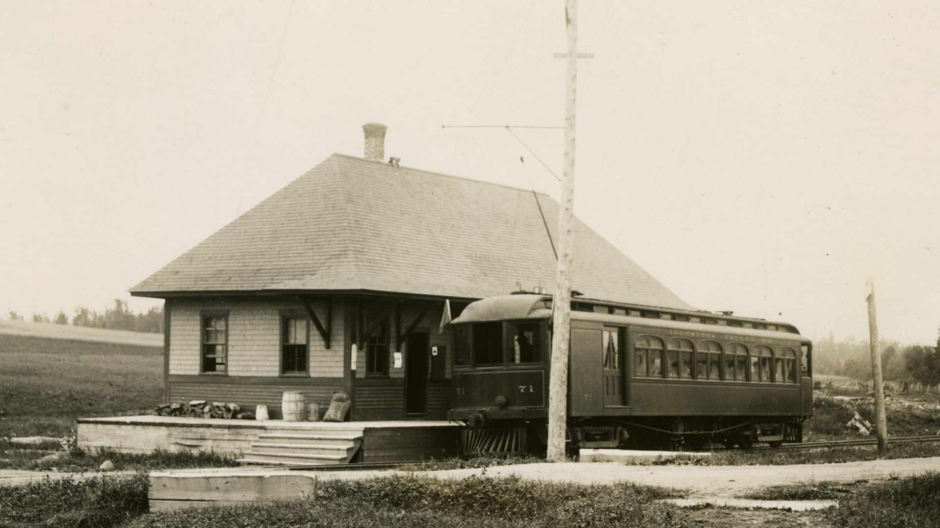 Electric and passenger tram service ended in 1945, but the line survived until 1996 as a freight operation, hauling mostly potatoes.  New Sweden, Aroostook County, Maine.  1915.  Photo Digitized by NERHS (TrolleyMuseum.org) via Digital Maine