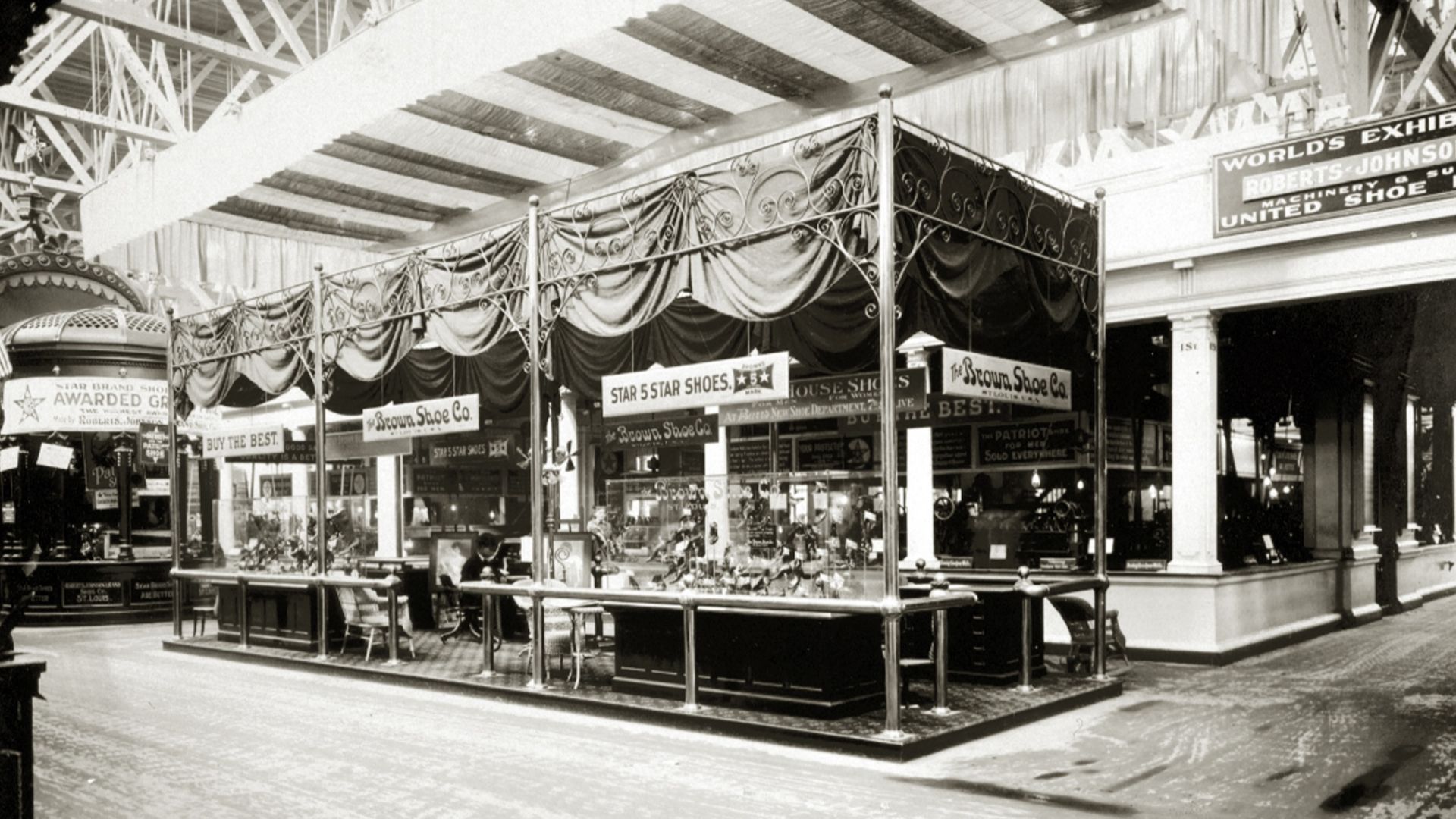 Title: Brown Shoe Company exhibit in the Palace of Manufactures at the 1904 World's Fair.