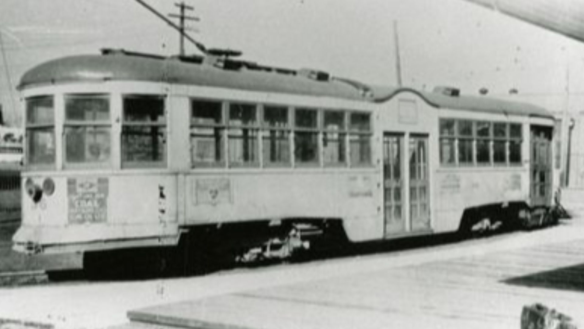 A Kitchener Public Utilities Commission streetcar, Kitchener-Waterloo Street Railway No. 36, pictured at the PUC car barns in Kitchener, Ontario, Canada in November 1945. The car was manufactured by the Cincinnati Car Company of Cincinnati, Ohio in the Pe