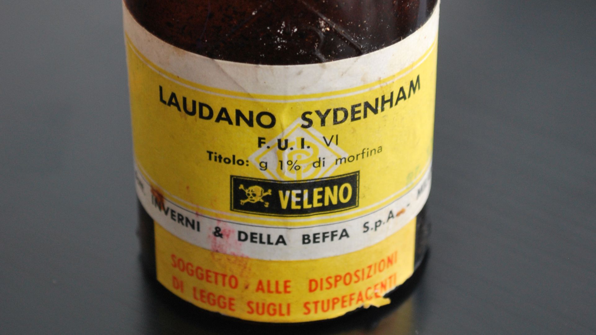 Old, empty bottle of Laudanum tincture from the 1950s-1940s from an italian firm