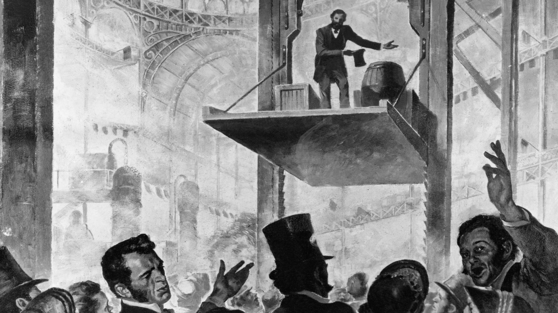Elisha Otis demo of his free-fall prevention mechanism, New York Crystal Palace, 1854.
