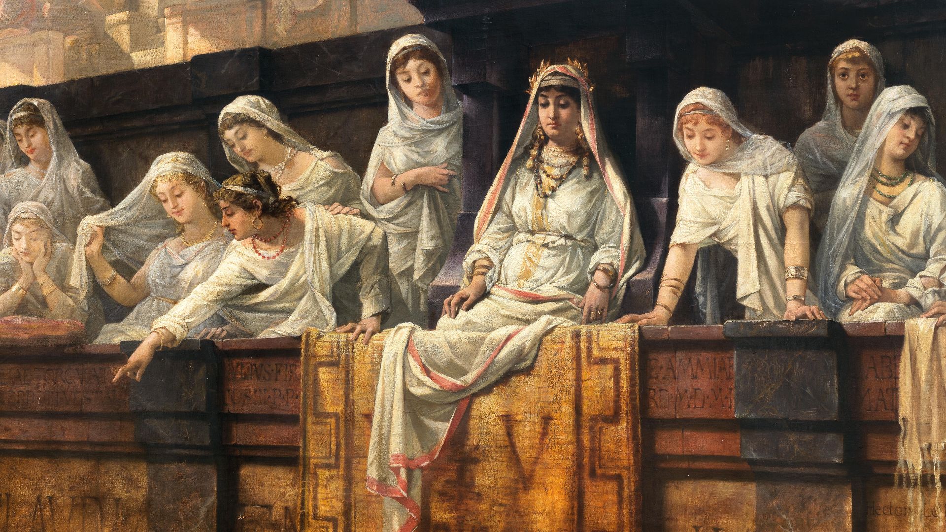 Hector Le Roux, Vestal virgins at the Roman Colosseum (c. 1890), oil on canvas, 78 x 126 cm., private collection. Auctioned at Dorotheum, Vienna, Austria, May 02, 2023, where it was mistakenly identified as Byzantine Empress Theodora in the Imperial Box i