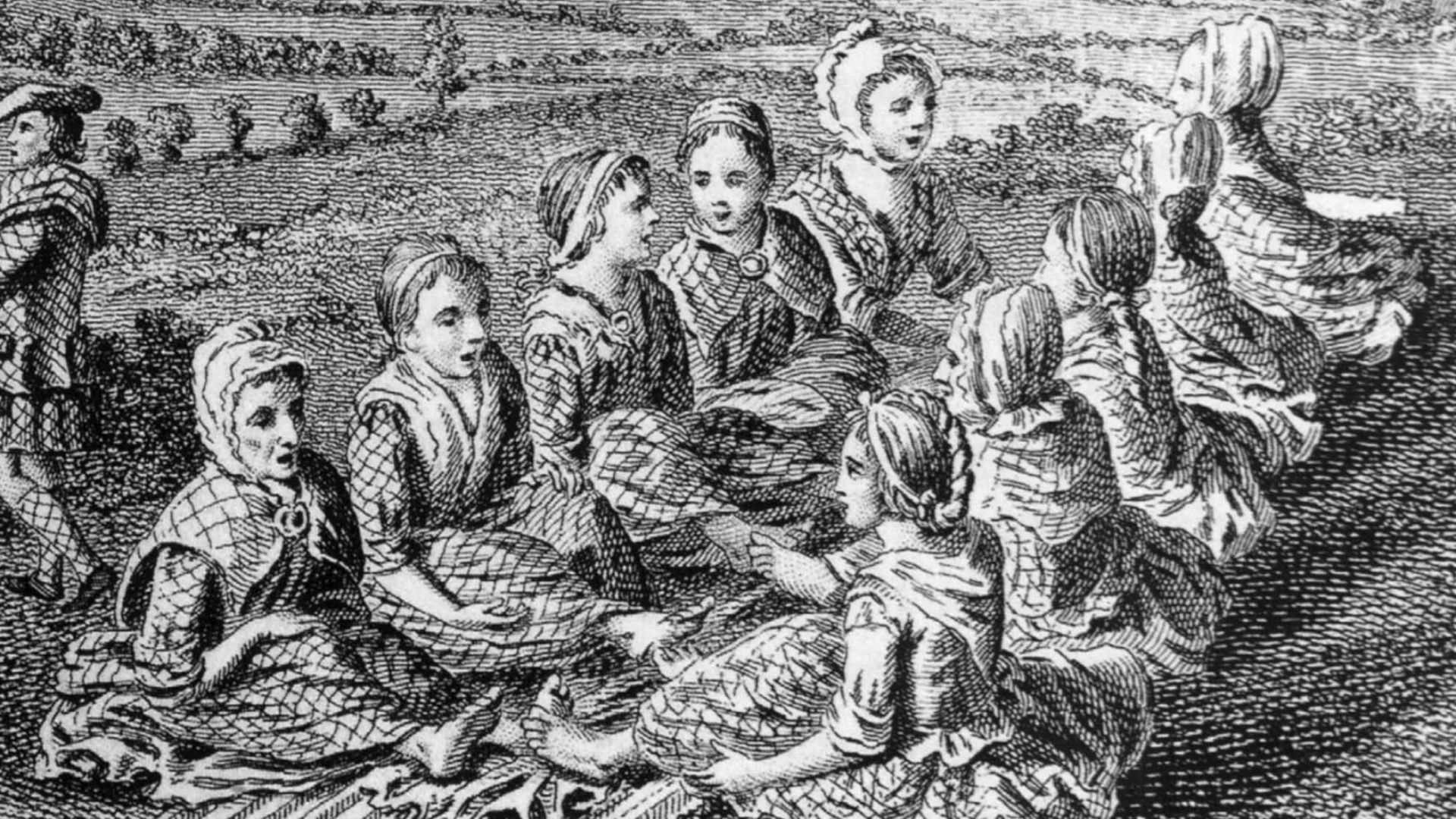 Detail of an 18th century engraving of Scotswomen waulking (fulling) cloth, and singing.