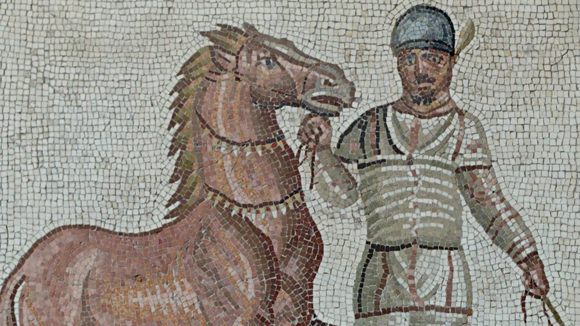 Pavement mosaic with a circus charioteer of the albata (white) faction. Roman artwork, first half of the 3rd century CE. From the Villa dei Severi at Baccano, 16 miles from the Via Appia.