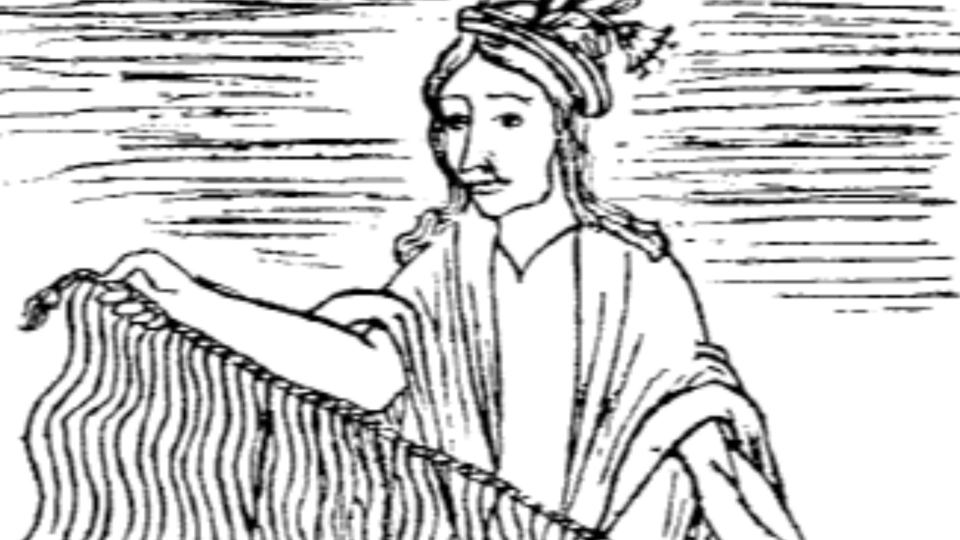 Sketch of a Quipucamayoc from El primer nueva corónica y buen gobierno (The First New Chronicle and Good Government), a chronicle of Inca history by the indigenous Inca historian Felipe Guaman Poma de Ayala (ca. 1535–1616). Shown on the lower left side is
