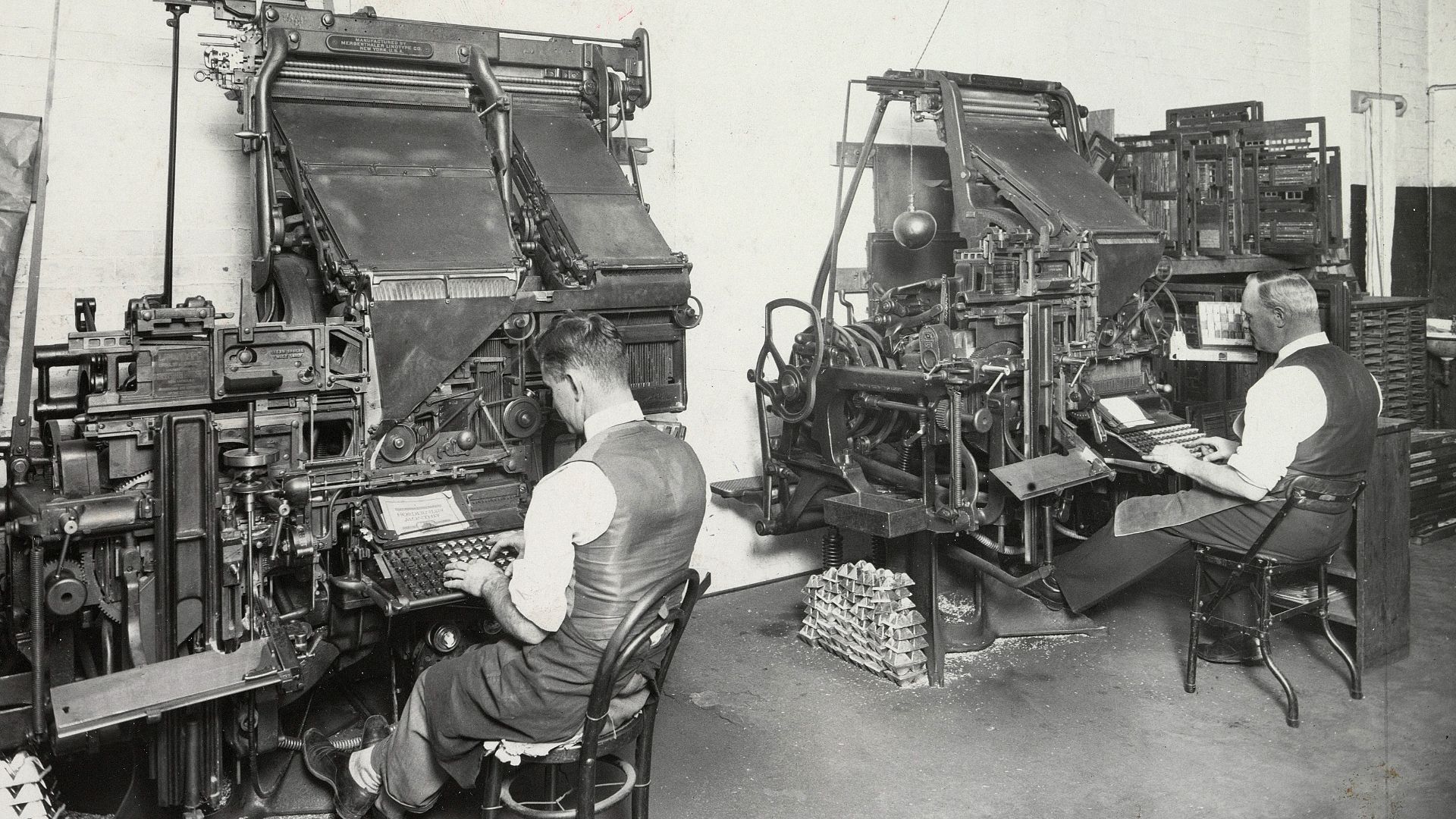 Linotype machines, Anthony Hordern and Sons department store, c. 1935, by AE Foster, gelatin silver print, from Anthony Hordern and Sons pictorial collection, State Library of New South Wales,  PXE 1103/Vol. 3/Boxes 1-3