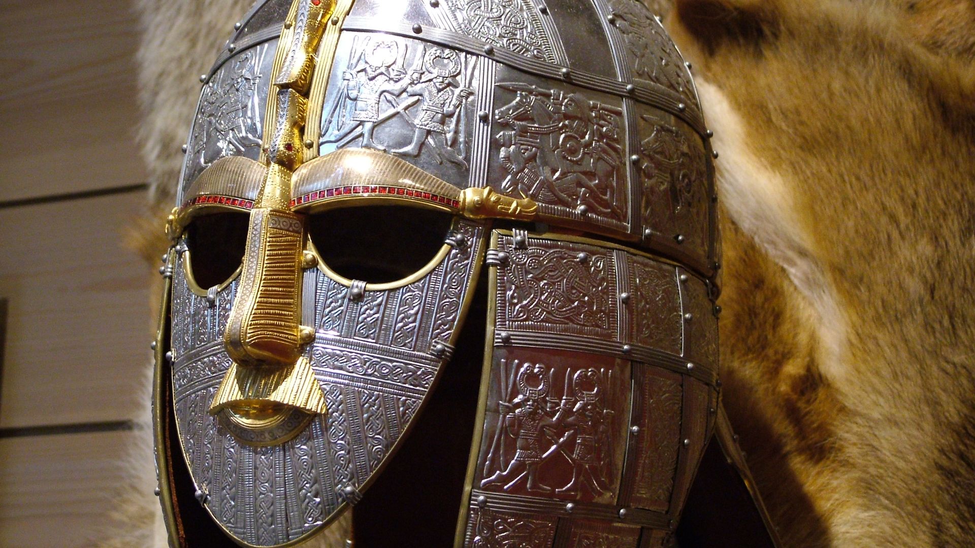 Replica of the helmet from the Sutton Hoo ship-burial 1, England.