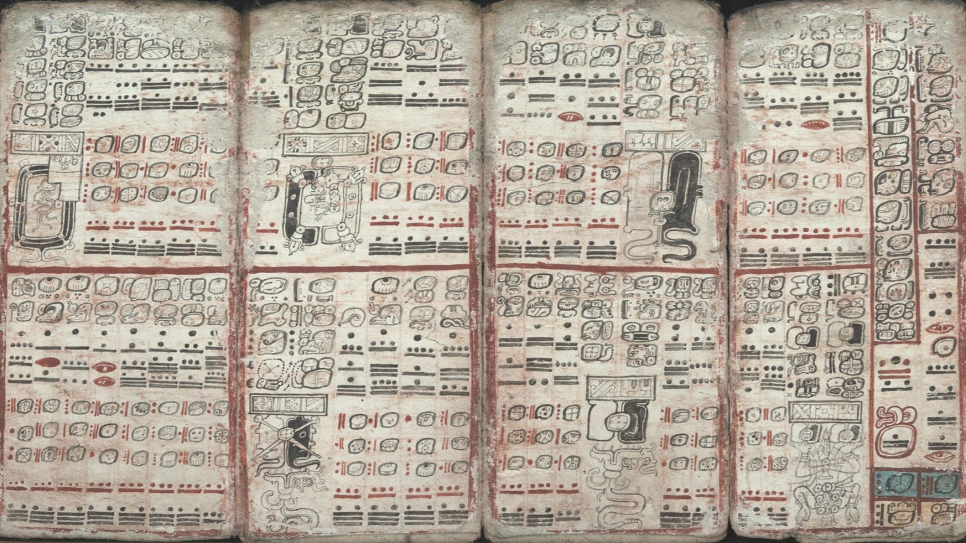 Six sheets of the Dresden Codex (pp. 55-59, 74) depicting eclipses, multiplication tables and the flood