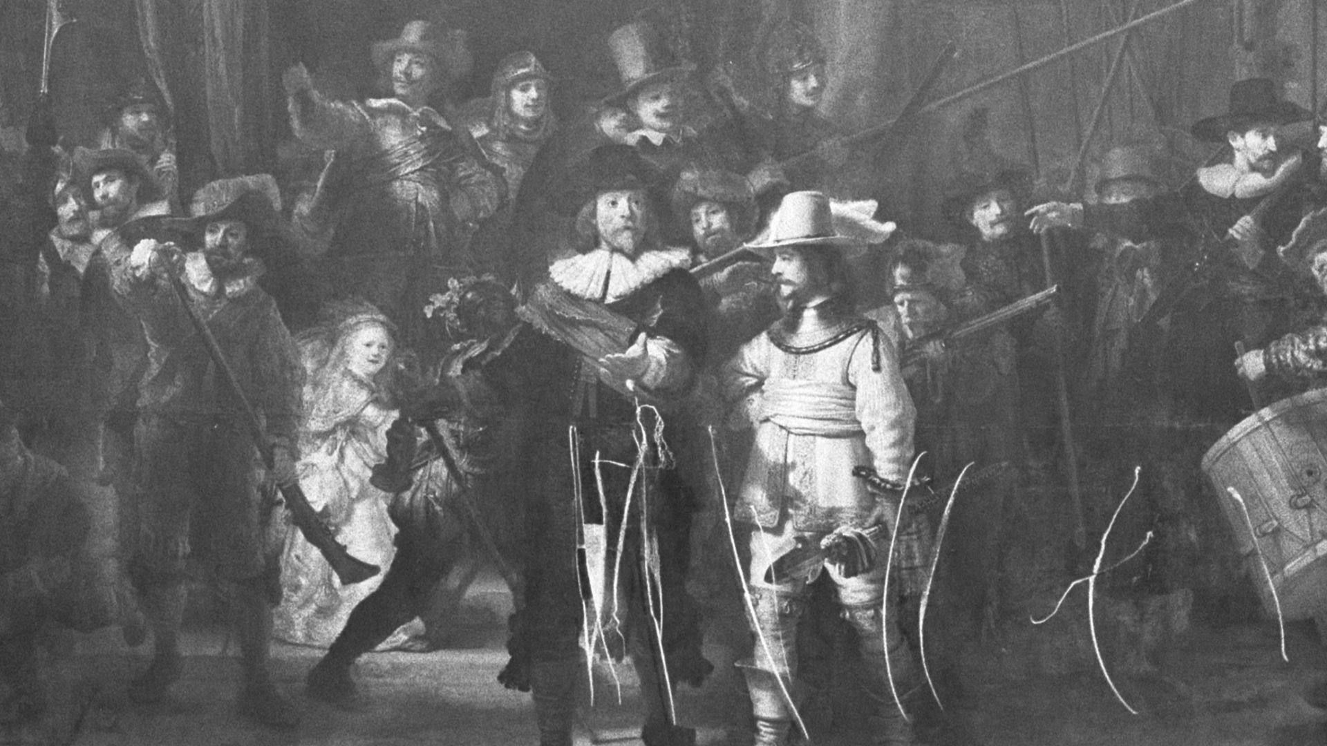 Nachtwacht, het gehele beschadigde schilderij