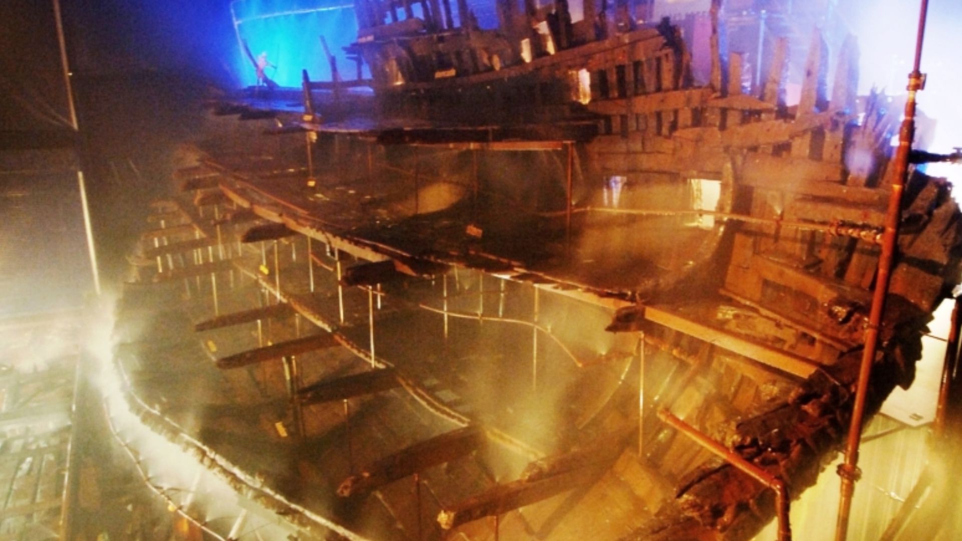 The Tudor period carrack Mary Rose under going conservation with polyethylene glycol at the Historic Dockyard in Portsmouth, United Kingdom.