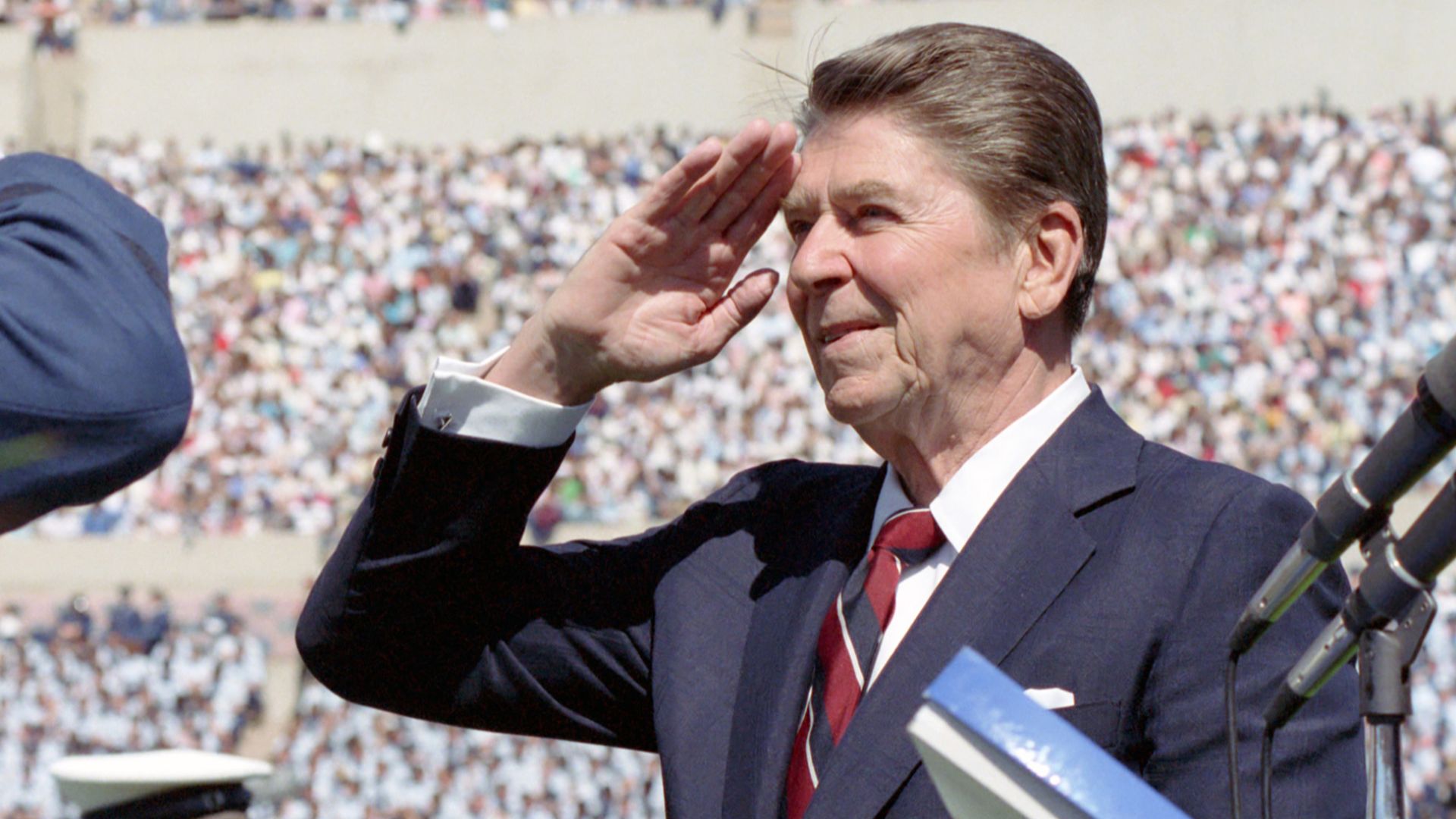 File:President Reagan, Saluting, Attending the Commencement Exercises for the 1984 Graduating Class of the United States Air Force Academy and Presenting Diplomas at Falcon Stadium, Unit - DPLA - c7bfc37bfcc70158145ce095fe53cf67.jpg