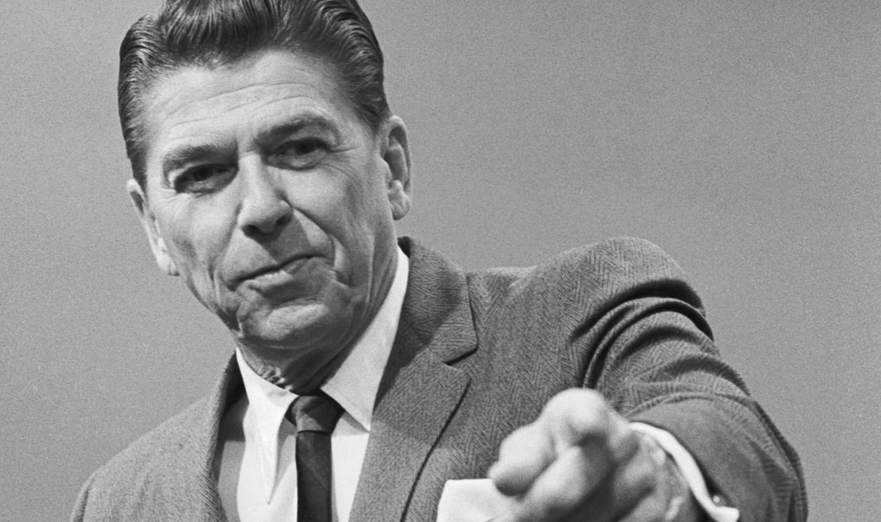 Governor Ronald Reagan of California points at a press conference in Sacramento.