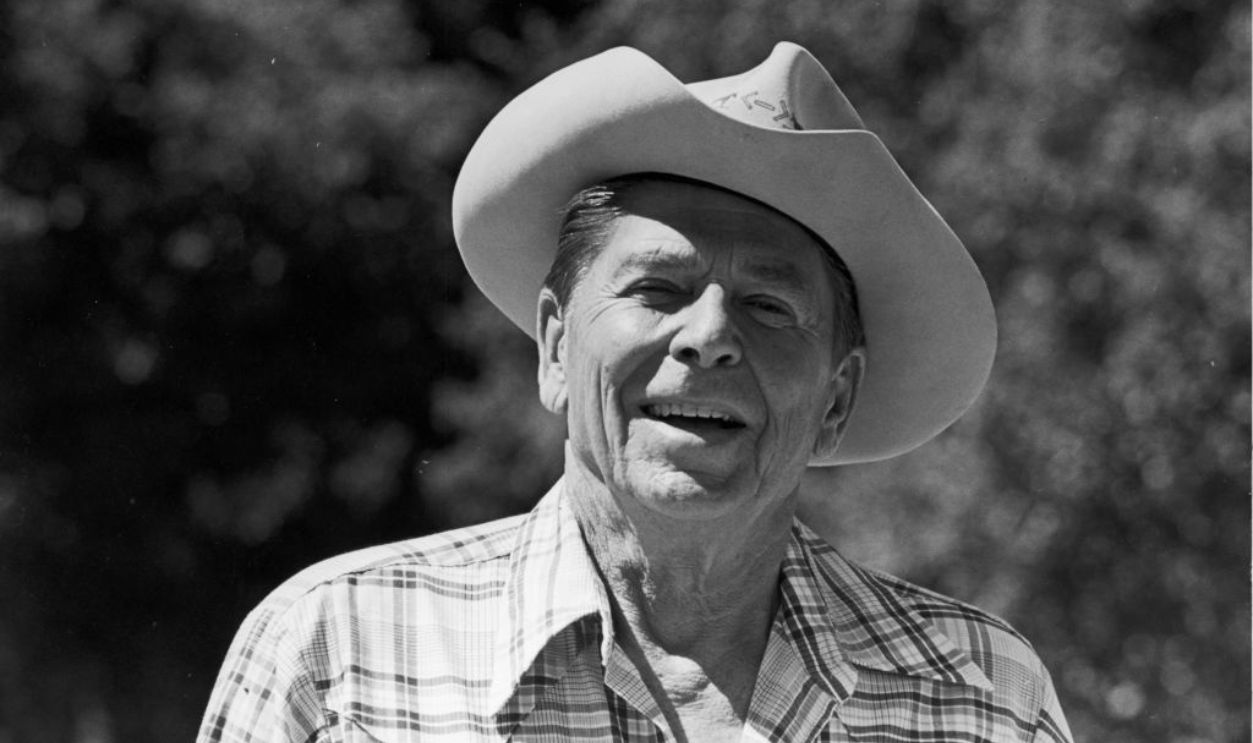 1981: Headshot of Republican President-elect Ronald Reagan wearing a cowboy hat and a plaid shirt while at his ranch in California shortly before his inauguration as 40th president of the United States, California.