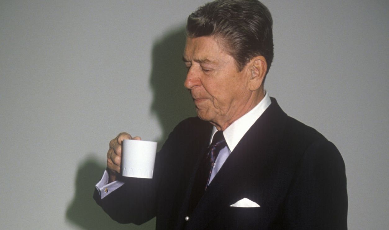 President Ronald Reagan taking a coffee break