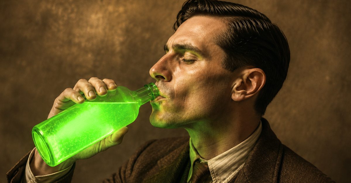 Man drinking glowing green liquid.