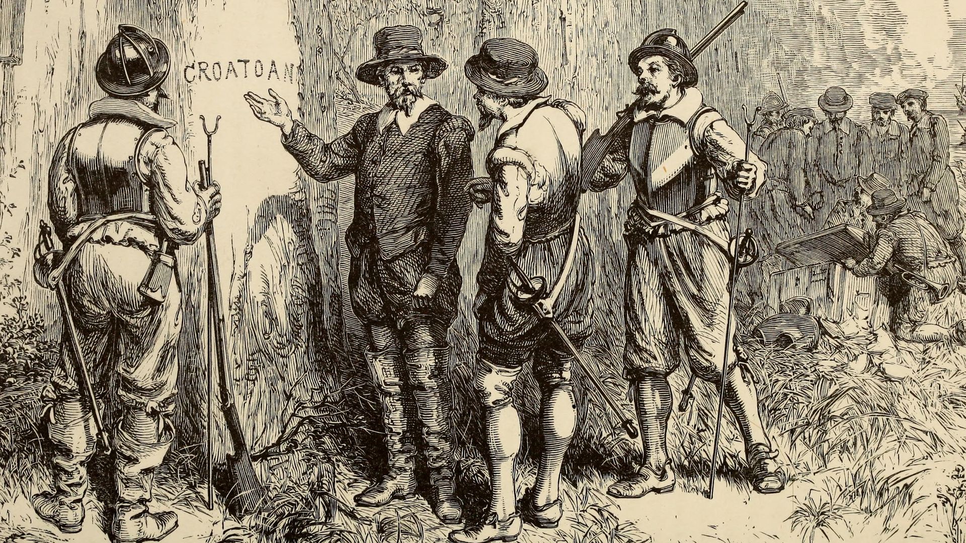 The Lost Colony, design by William Ludwell Sheppard, engraving by William James Linton.
This image depicts John White returning to the Roanoke Colony in 1590 to discover the settlement abandoned.  A pallisade had been constructed since White's departure i