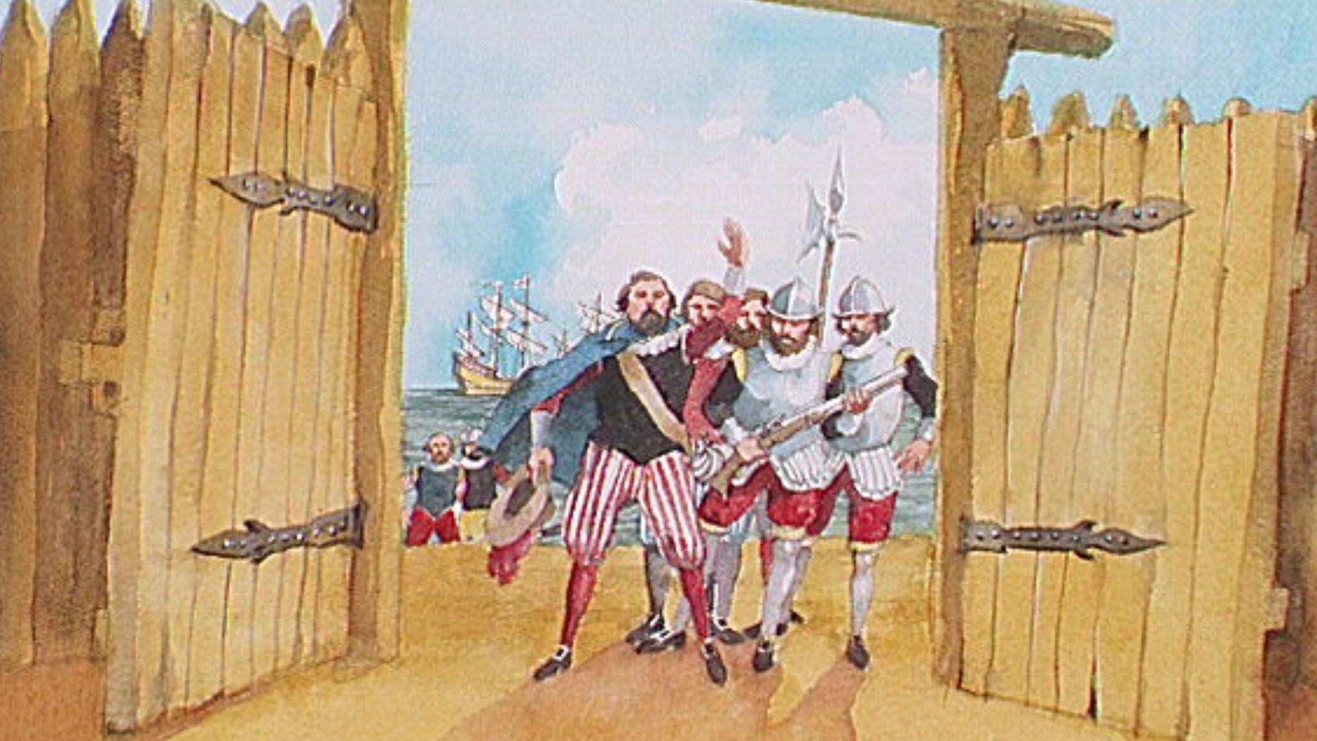 Lord De La Warr (Thomas West) and soldiers entering James Fort through the south gate, 1610