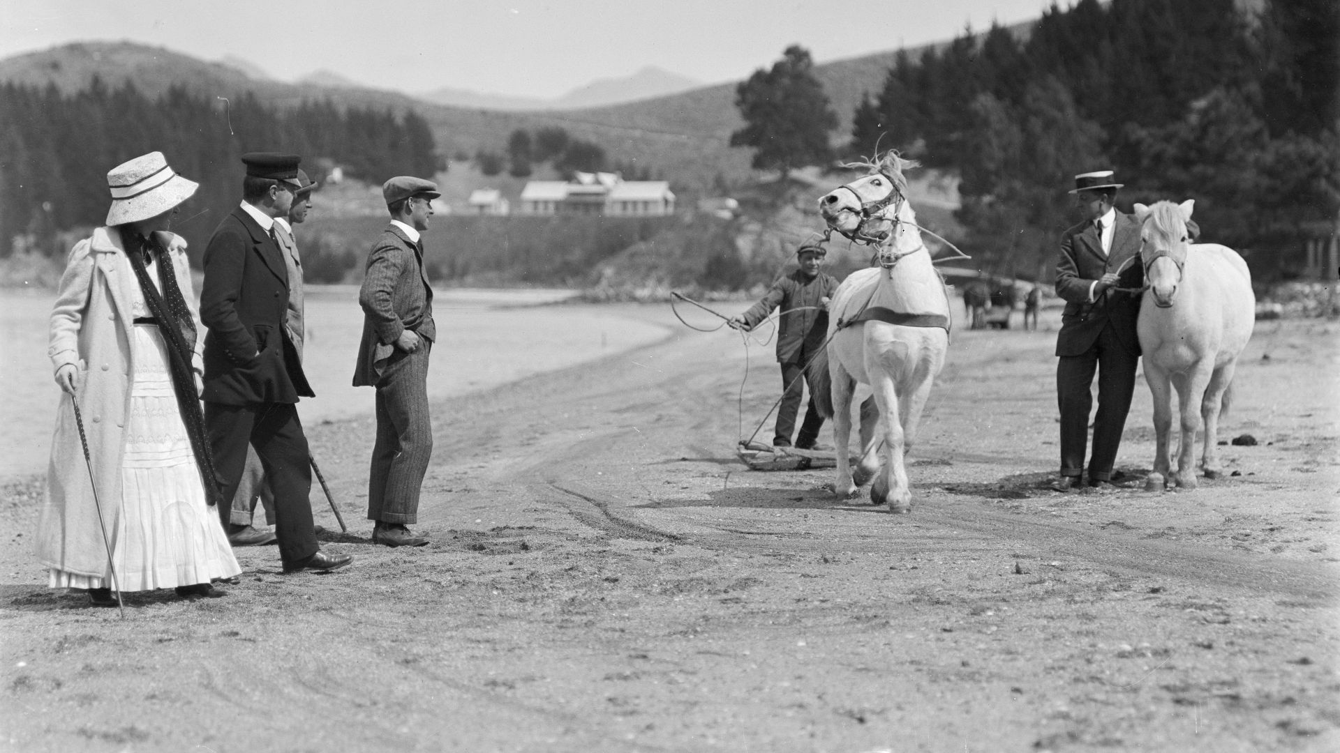 Robert Falcon Scott (2nd from left), his wife Kathleen Bruce Scott, and others, alongside Mongolian ponies on Quail Island in 1910, prior to the British Antarctic (