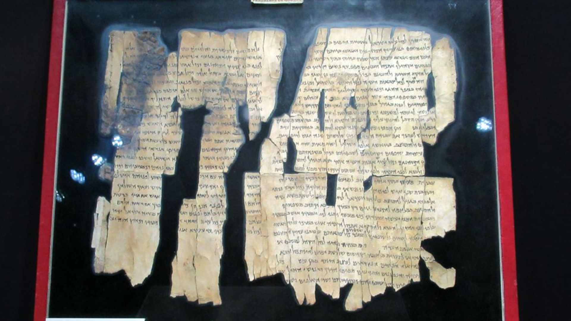 The Dead Sea Scrolls are on display at the Jordan Museum in Amman, Jordan. Scroll number 28a shown here was found in Cave Qumran 1 near the Dead Sea in the occupied West Bank between 1947 and 1956.