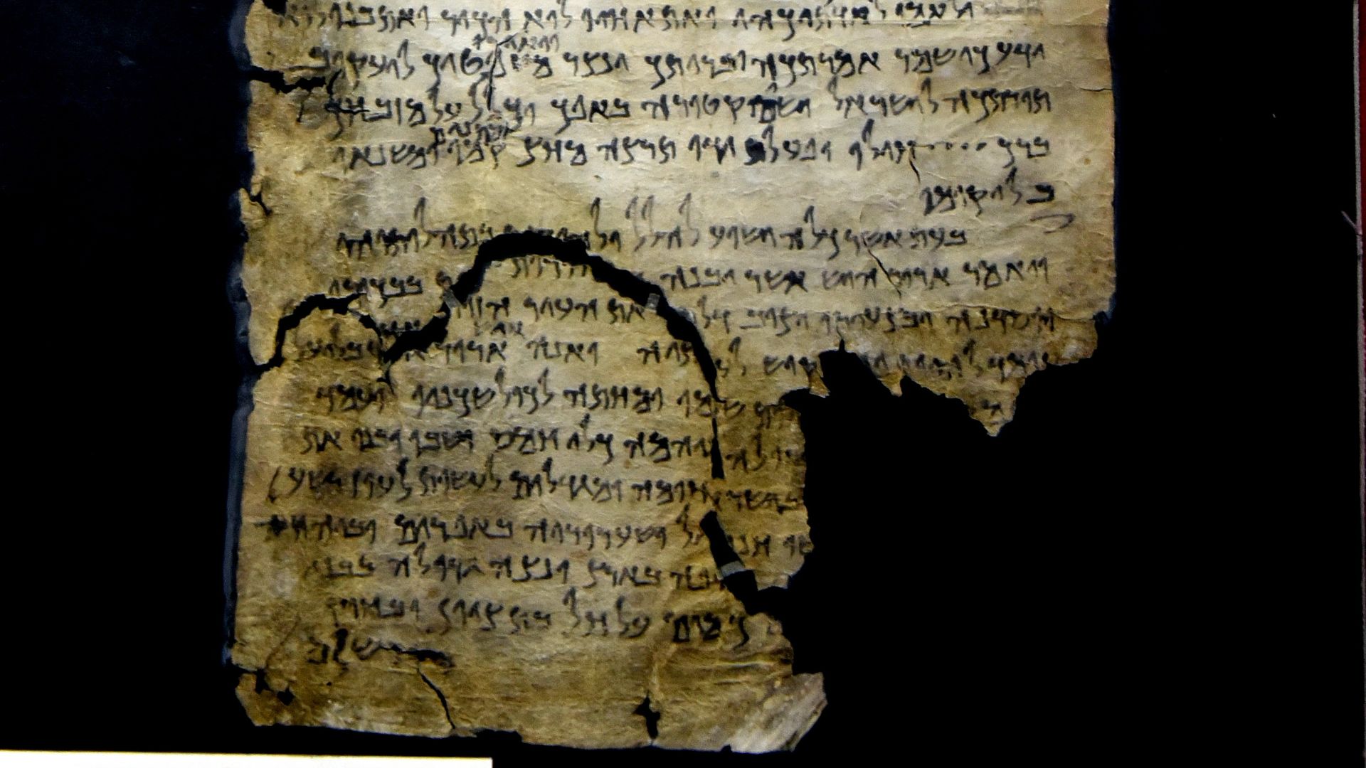 Dead Sea Scroll number 175 (4Q175), also known as Testimonia, from Qumran Cave 4; complete. From Qumran (Khirbet Qumran or Wadi Qumran), West Bank of the Jordan River, near the Dead Sea, modern-day State of Israel. On display at The Jordan Museum in Amman
