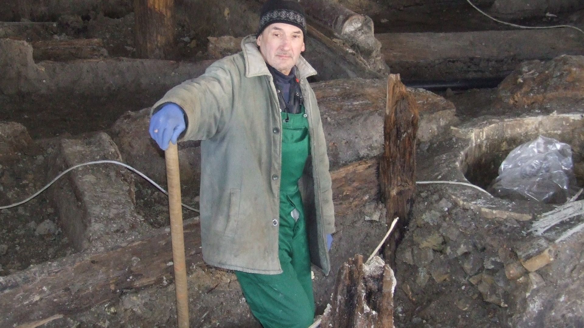 Archeologist Sergiy Kupriy in the process of excavations at Poshtova Square in Kyiv in February-March of 2015. The archeologists have found the remains of city buildings (site coverage), tools, utensils, tableware, not significant number of adornments.