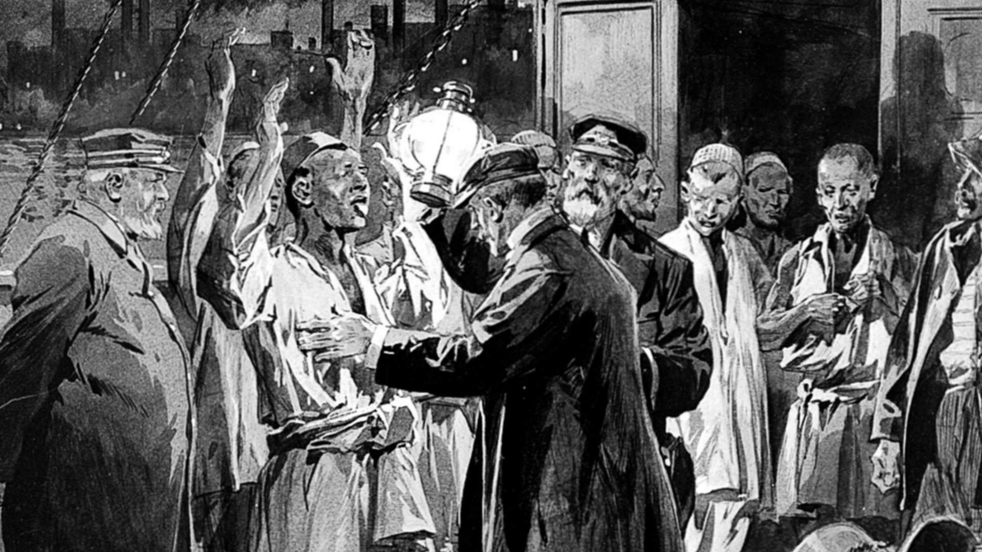 A medical officer examining a ship's crew for bubonic plague on arrival in the Thames. Watercolour drawing by F. de Haanen, 1905, after C.E. Eldred.
Iconographic Collections
Keywords: C.E. Eldred; F. van Haanen