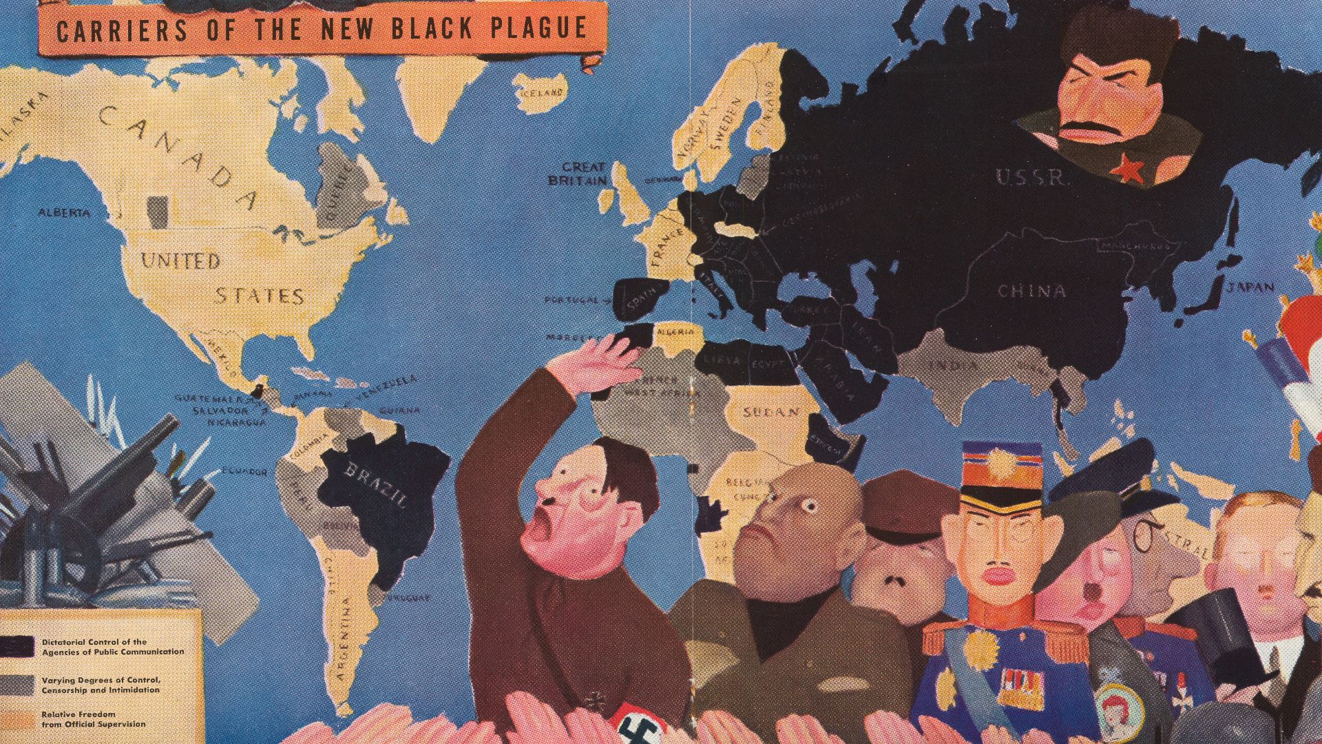 Carriers of the New Black Plague, 1938. Well preserved example of the original artwork for this provocative satirical pictorial map, addressing the varying levels of control of free speech exercised around the world, drawn by William Henry Cotton.
The ill