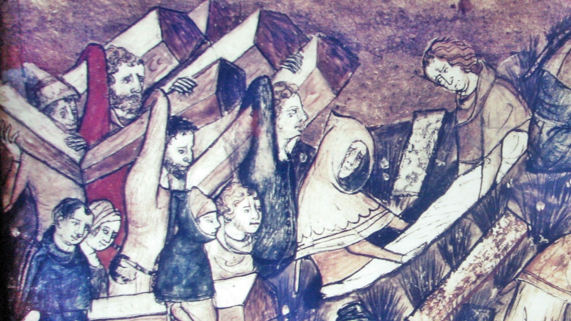 Exhibit depicting a miniature from a 14th century Belgium manuscript  at the Diaspora Museum, Tel Aviv - en:Beit Hatefutsot. The museum note says