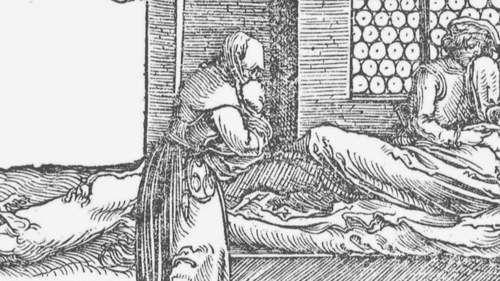 Woodcut of dying plague patients from 1532