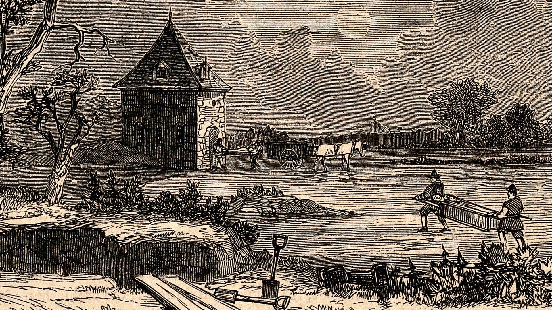 The pest house and plague pit, Moorfields, London. Wood engraving.
Iconographic Collections
Keywords: The Pest House, Finsbury (London, England)