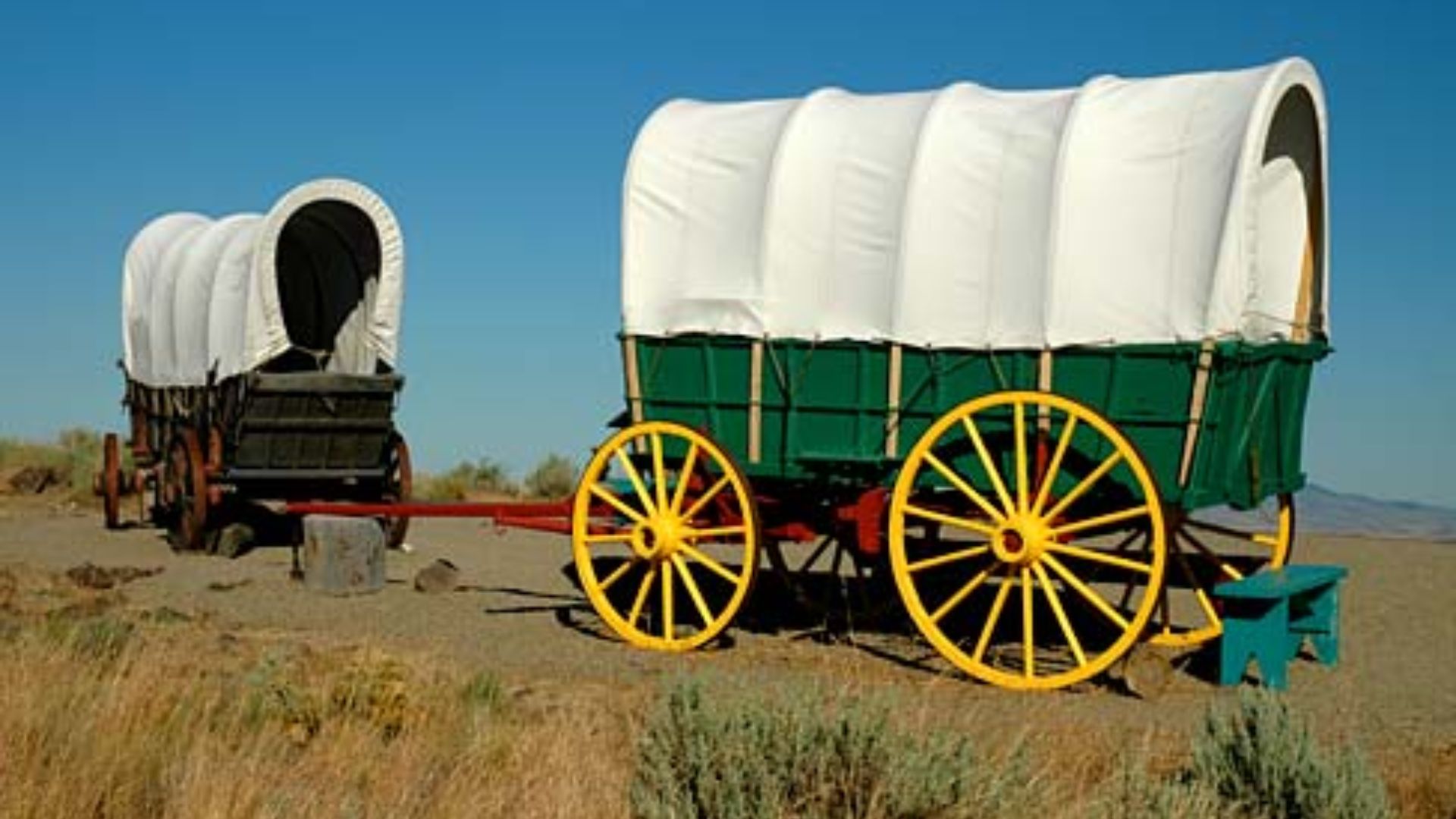 Covered wagons on display at the Oregon Trail Interpretive Center on Flagstaff Hill.