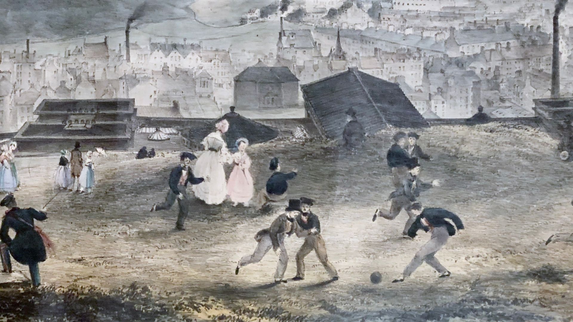 Football on Calton Hill, from Panorama of Edinburgh by Samuel Leith, c. 1840, at the Scottish National Gallery