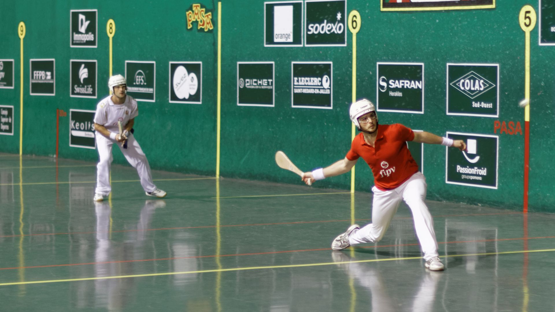 2013 Basque Pelota World Cup, 27th October - 2 November 2013, Le Haillan, France. Paleta Cuero. France (Thomas Iris - Sylvain Brefel) vs Spain (Ruben Ayarra - Emiliano Skufca).