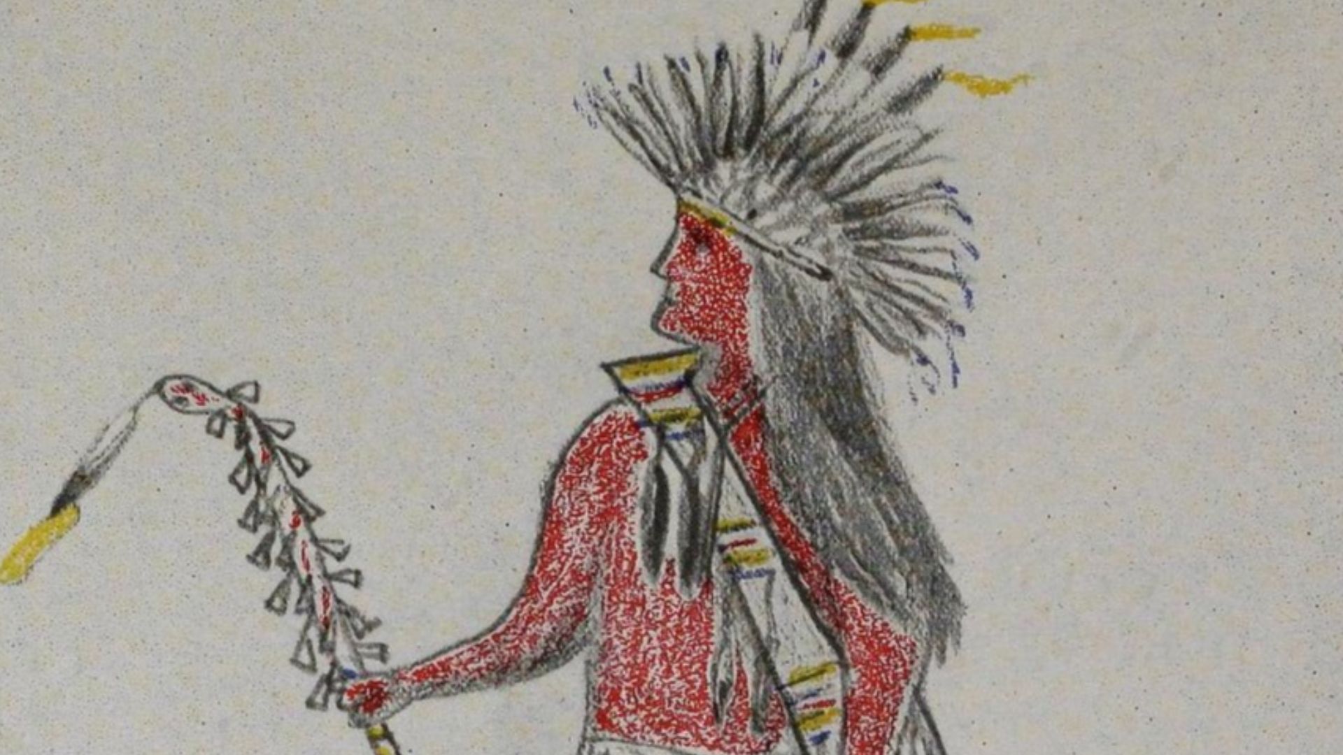 A Dog Soldier of the Cheyenne as drawn by Cheyenne Richard Davis. The man holds a rattle with dew claws of a deer or a pronghorn. He wears a scarf (a dog rope) to pin to the ground during fight as a sign of no-retreat. His head dress is made with tail fea