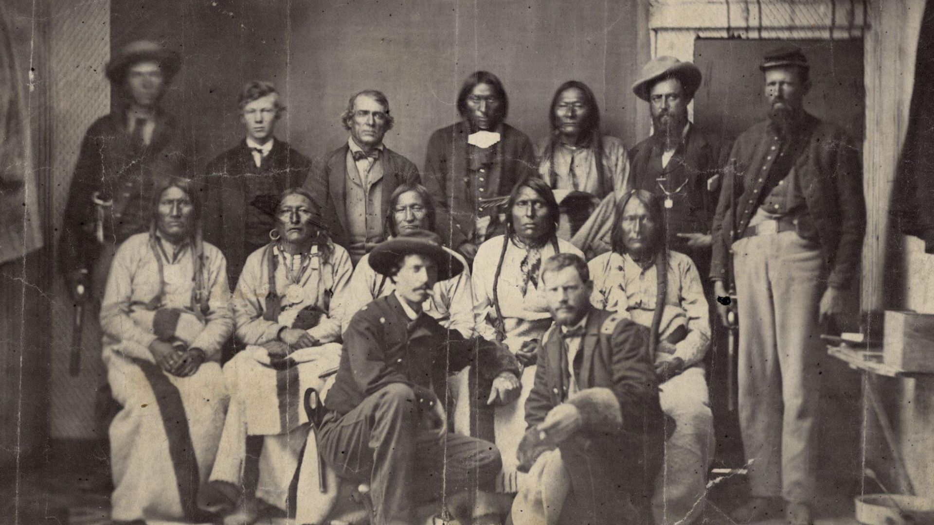 Camp Weld Conference
This rare photograph by an unknown photographer shows the ill-fated Cheyenne chief, Black Kettle, and a number of his associated at Camp Weld, on the outskirts of Denver. They had assembled there on September 28, 1864, for a peace cou