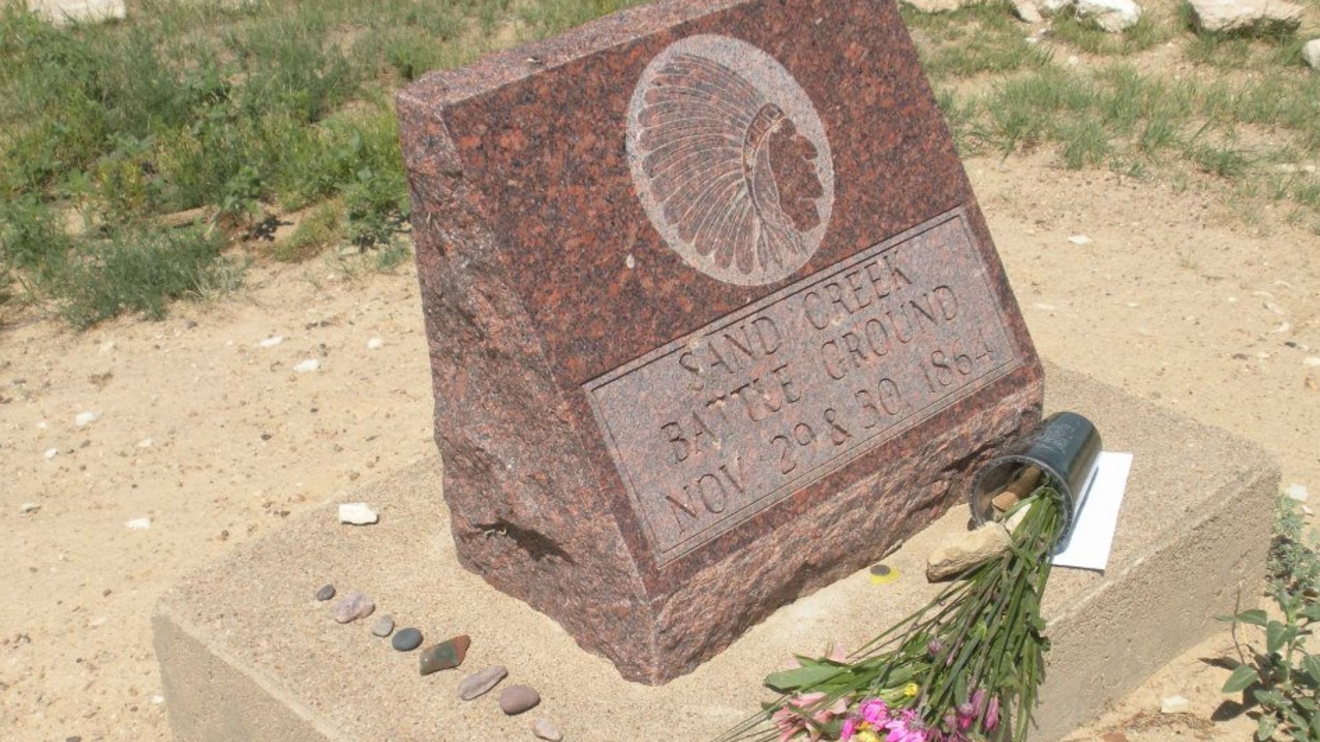 Site of the November 29, 1864, massacre of more than 230 Cheyenne and Arapaho people--mostly women and children--by the Colorado volunteers under Colonel John Chivington. These people had a peace treaty with the U.S. government and considered themselves a