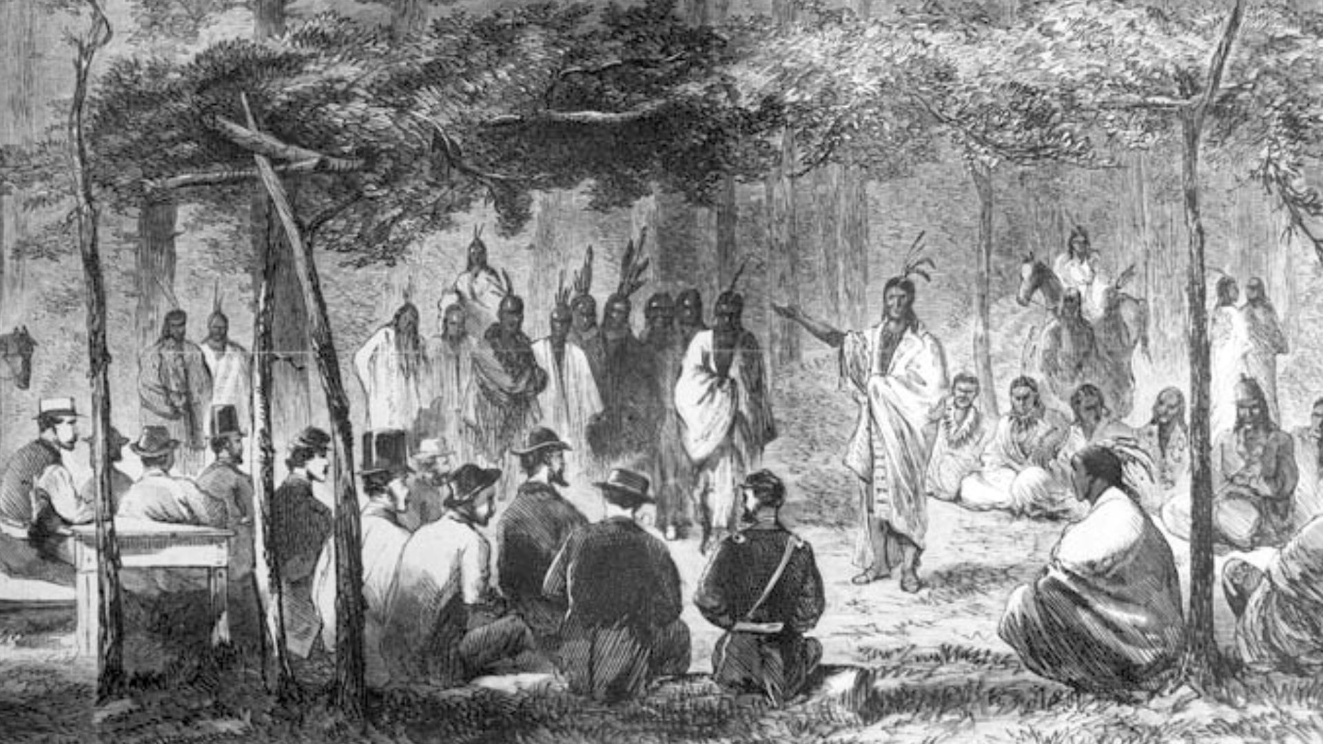 Council at Medicine Lodge Creek
This drawing by J. Howland, originally printed in Harper's Weekly, depicts the council between representatives of the U.S. government and the Kiowa and Comanche tribes at Medicine Creek Lodge, Kansas, in 1867. At this counc