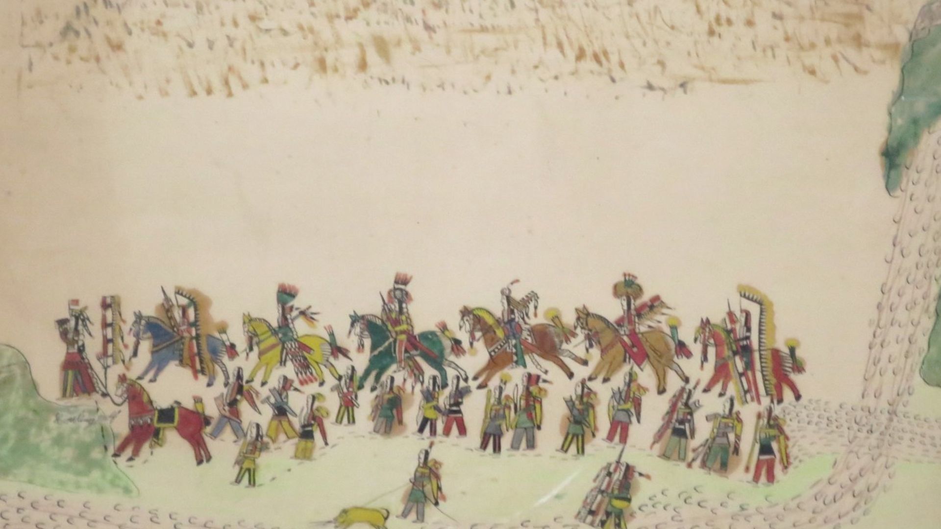 A Procession of Southern Cheyenne Warriors by Howling Wolf (Cheyenne, Ho-na-nist-to, 1849-1927), ink, crayon, watercolor, and oil-based pigment on paper, mid to late 1870s, Honolulu Museum of Art accession 31152